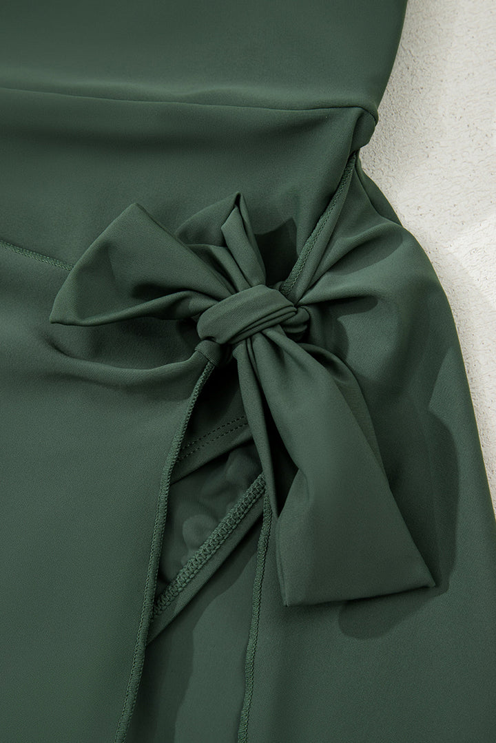 side tied waist square neck adjustable straps a line one piece swim dress