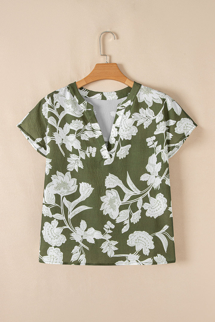Floral Print Split Neck Short Sleeve Blouse