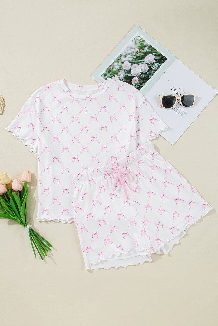 bow knot geometric print lettuce trim two piece lounge set 1