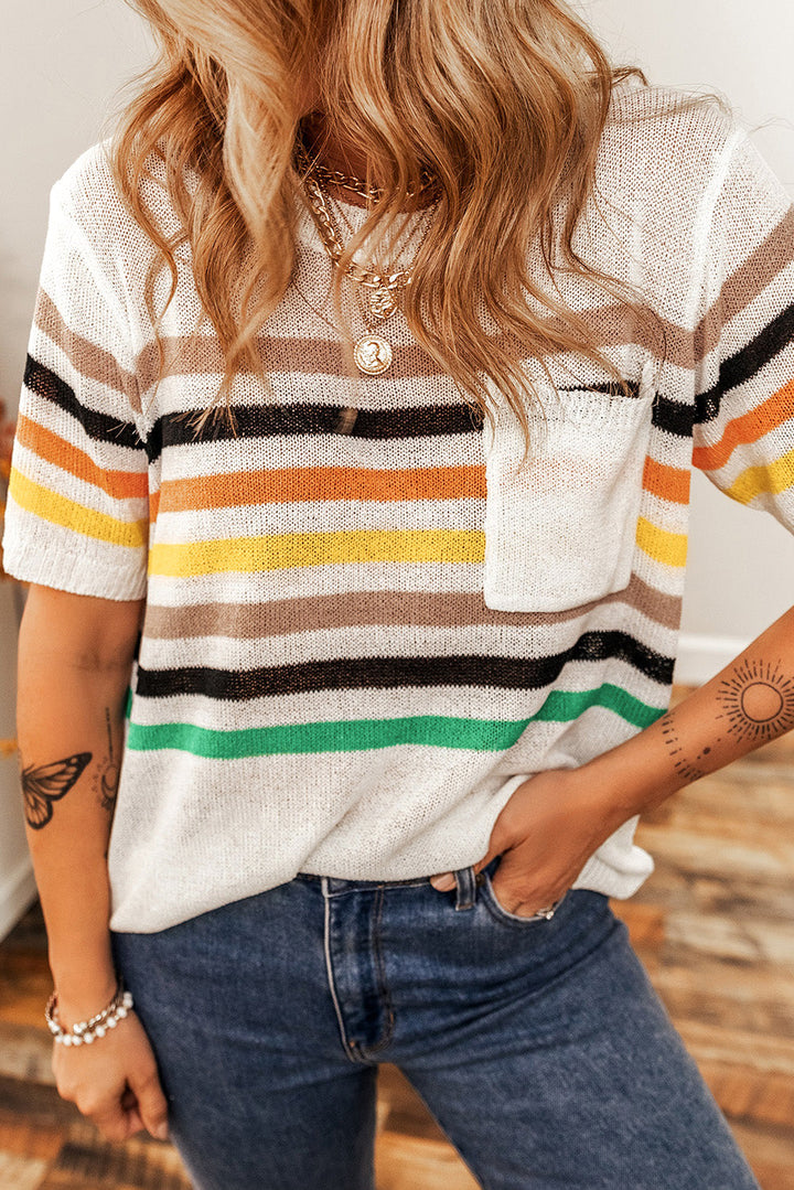 Striped Pocketed Loose Fit Crewneck Knitted T Shirt