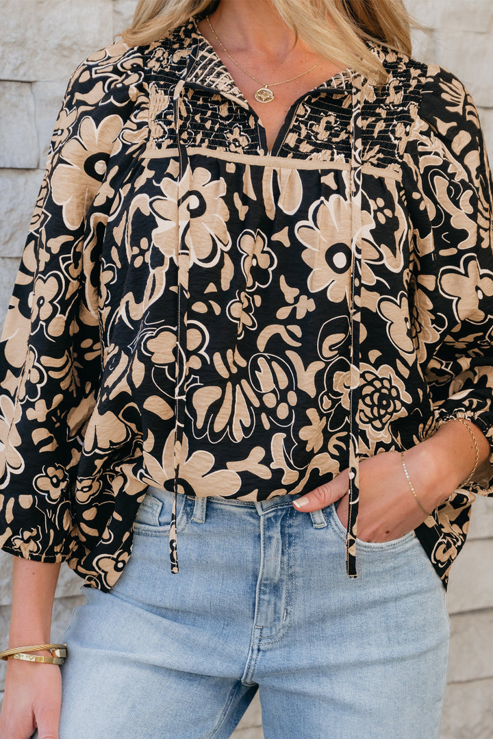 Floral Shirred Yoke Bracelet Sleeve Split Neck Boho Blouse