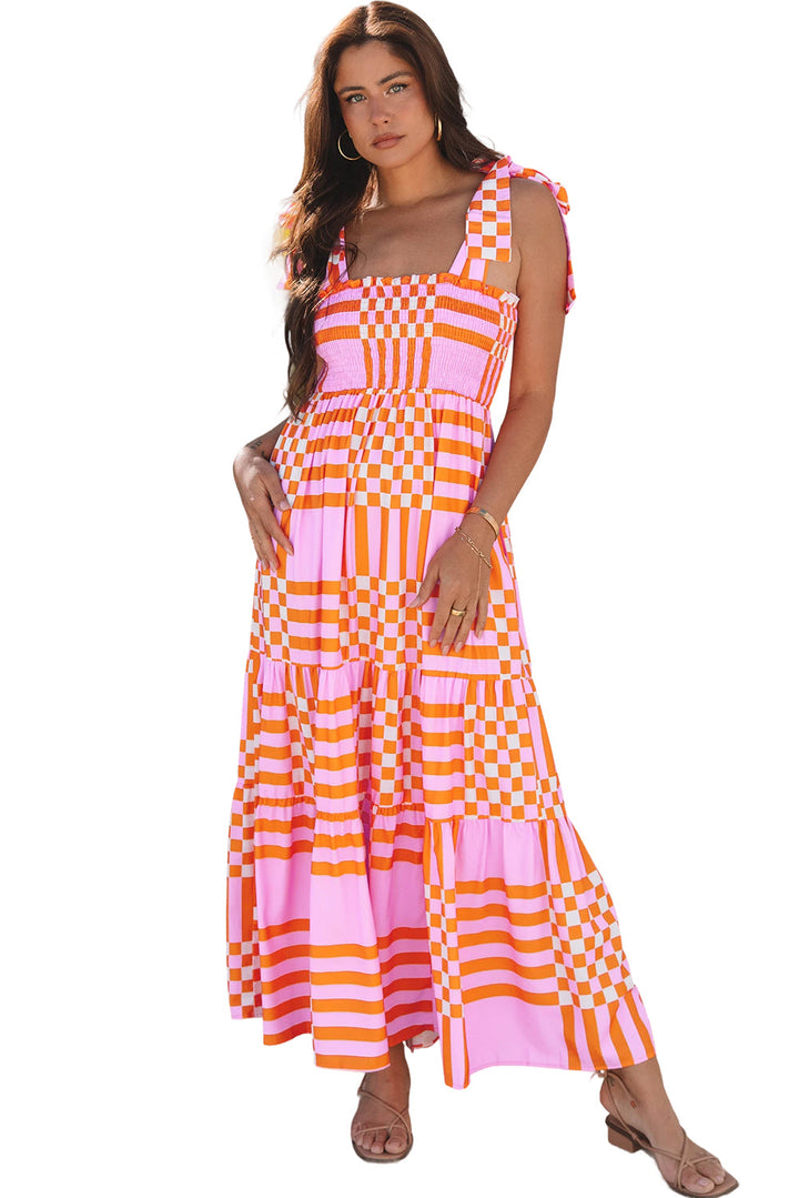 Boho Gingham Tied Straps Smocked Maxi Dress