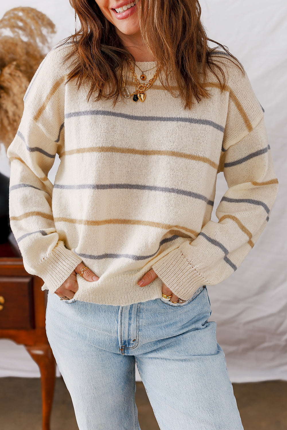 Striped Ribbed Edge Drop Shoulder Sweater