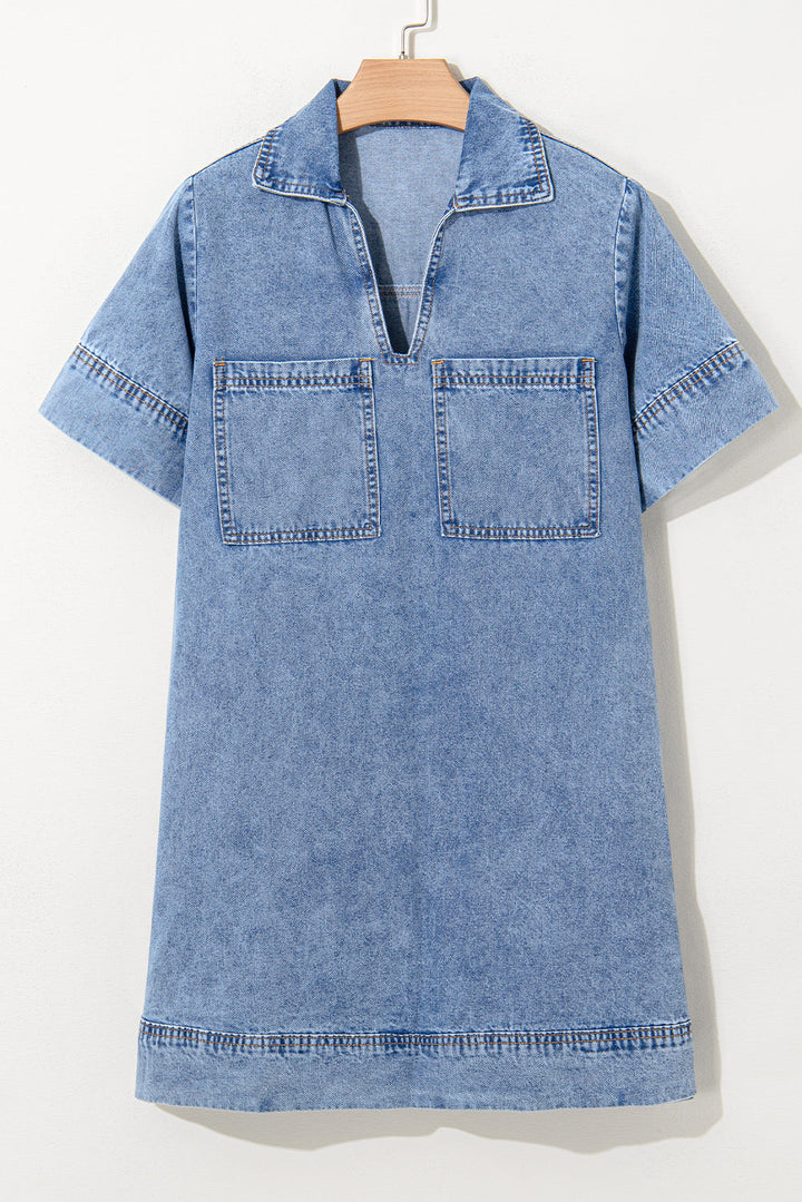 Short Sleeve Collared Patched Pocket Denim Mini Dress