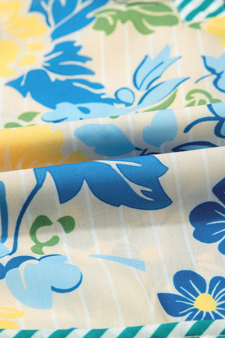 floral striped trim puff short sleeve dress