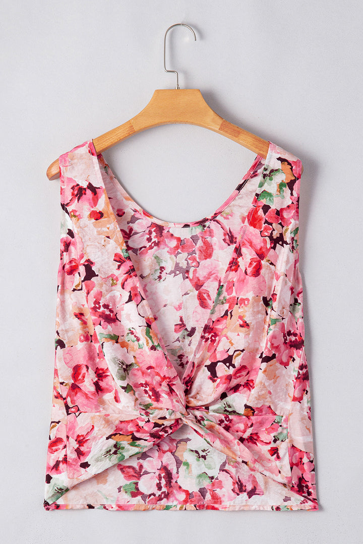 Floral Round Neck Twisted Cut Out Back Tank Top