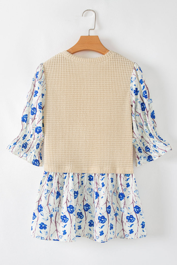 waffle floral patchwork short flounce sleeve peplum blouse