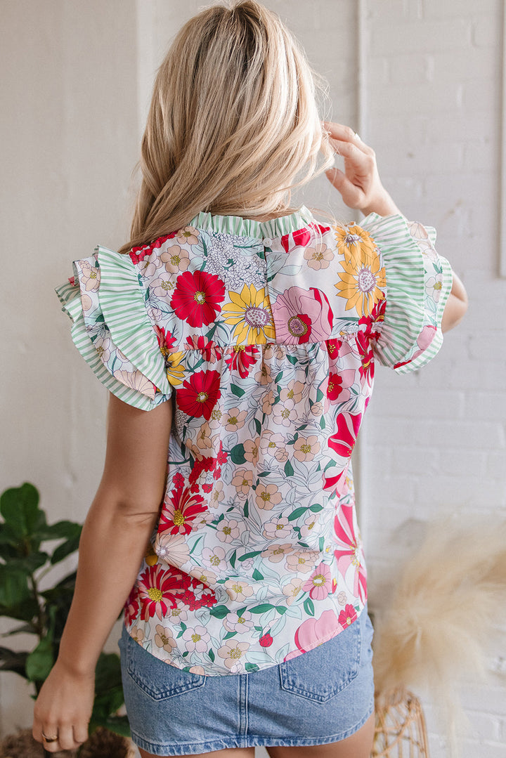 Floral Print Contrast Ruffle Trim Short Sleeve Blouse