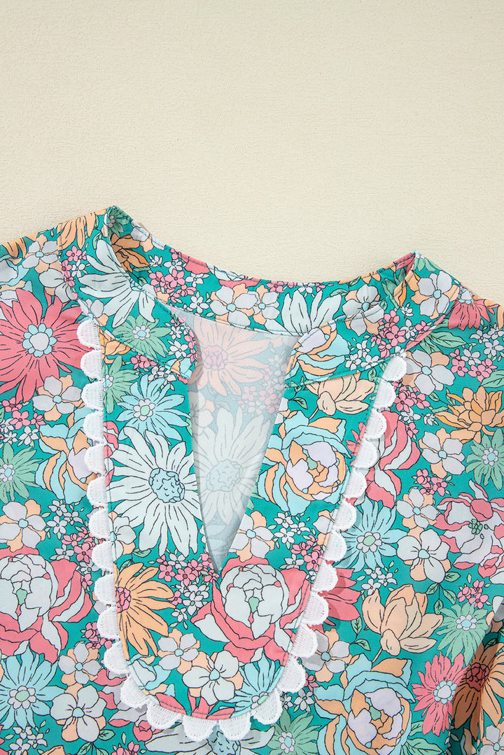 notched neck puff short sleeve floral blouse