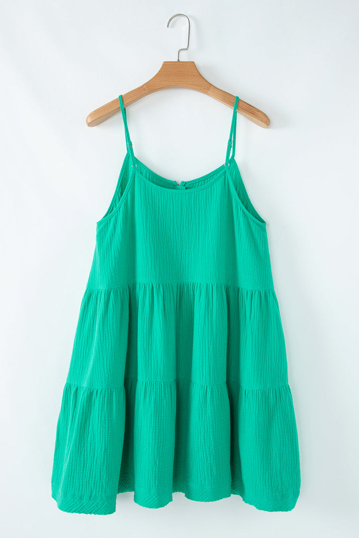 Textured Buttoned Thin Strap Tiered Loose Fit Mini Dress