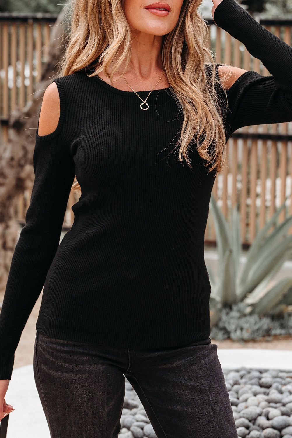 Ribbed Knit Cold Shoulder Sweater