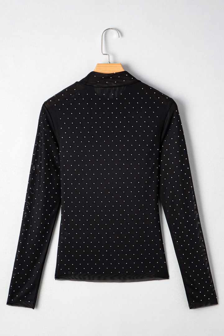 Langärmliges Mesh-Oberteil mit Strassverzierung