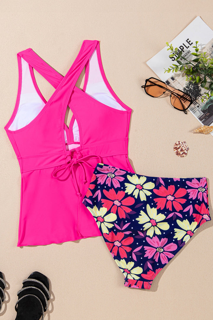 v neck ruffled hem floral bottom tankini set