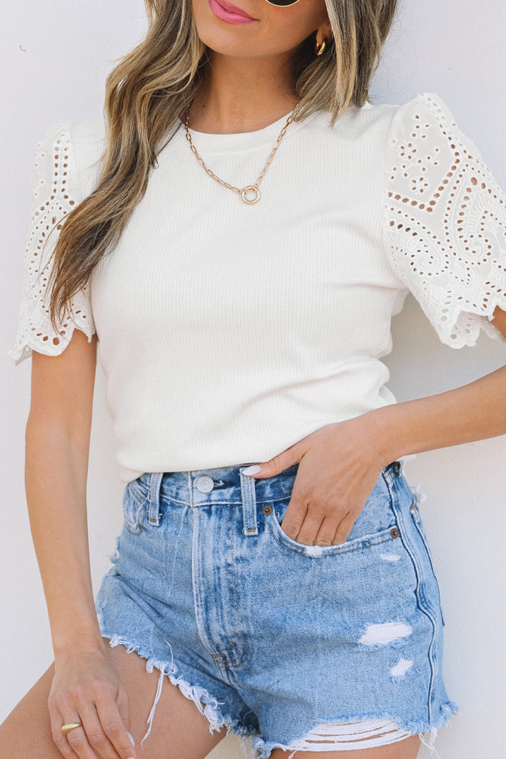 Eyelet Pattern Short Sleeve Patchwork Ribbed Top