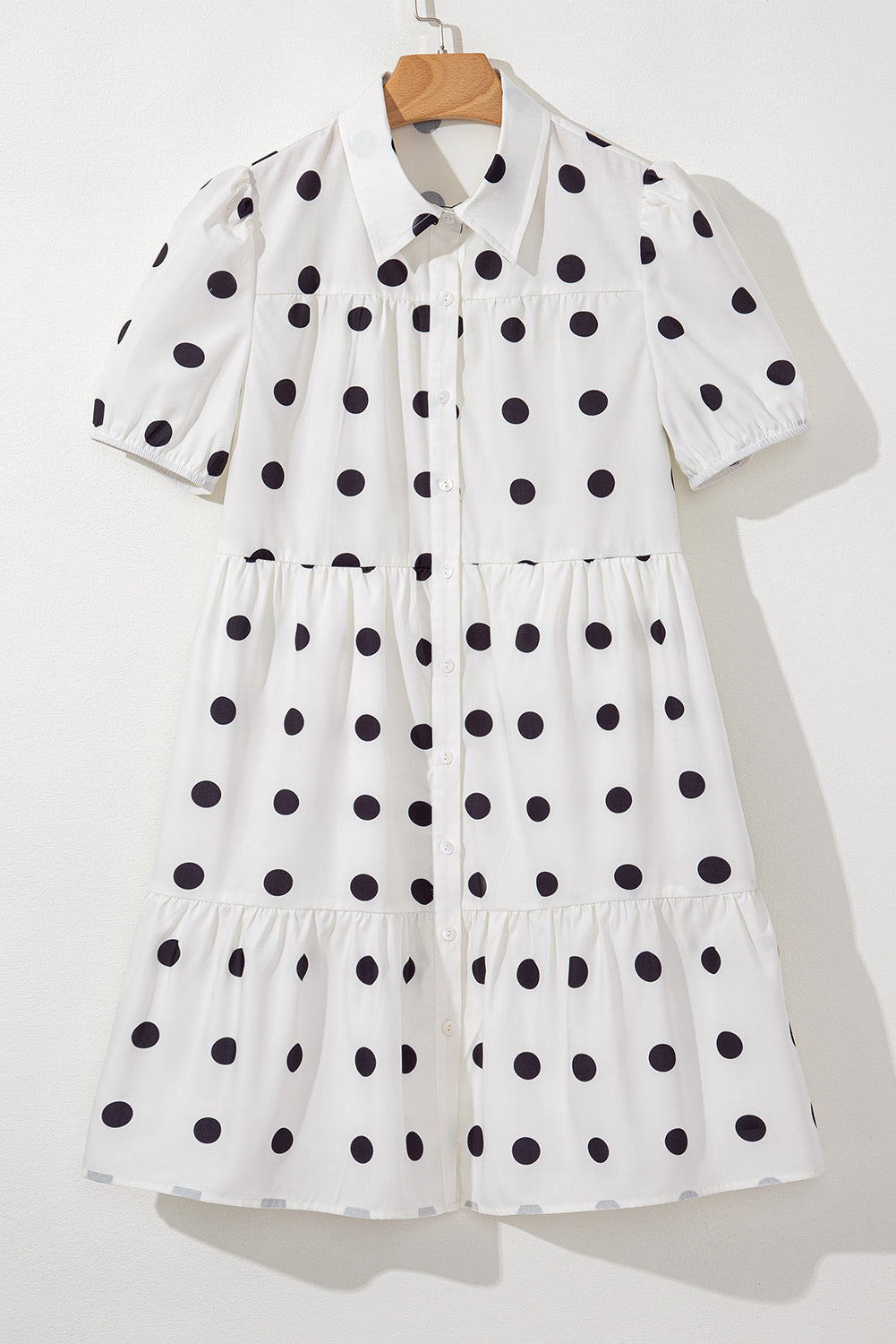 Polka Dot Print Short Sleeve Collar Buttoned Tiered Babydoll Dress