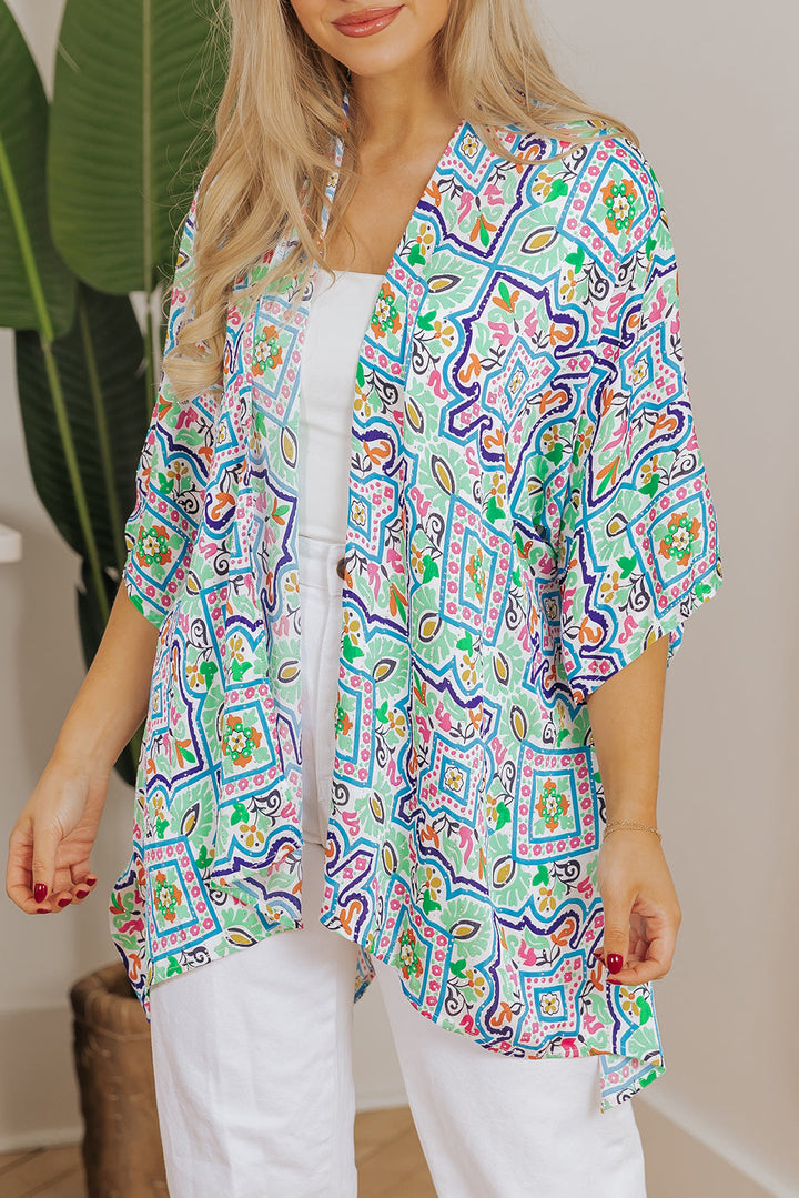 Boho Floral Printed Rhinestone 3/4 Sleeve Open Front Kimono