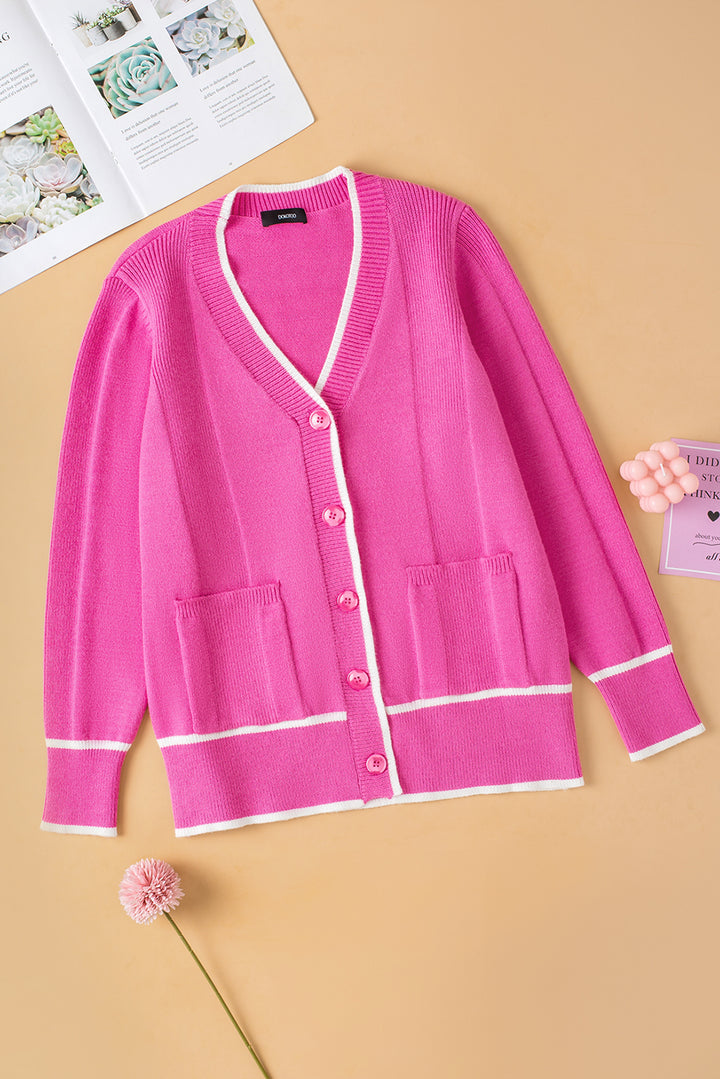 Color Contrast Side Pockets Button V Neck Cardigan