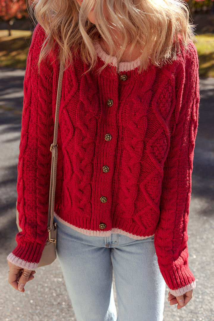 Color Contrast Edge Cable Knit Buttoned Cardigan