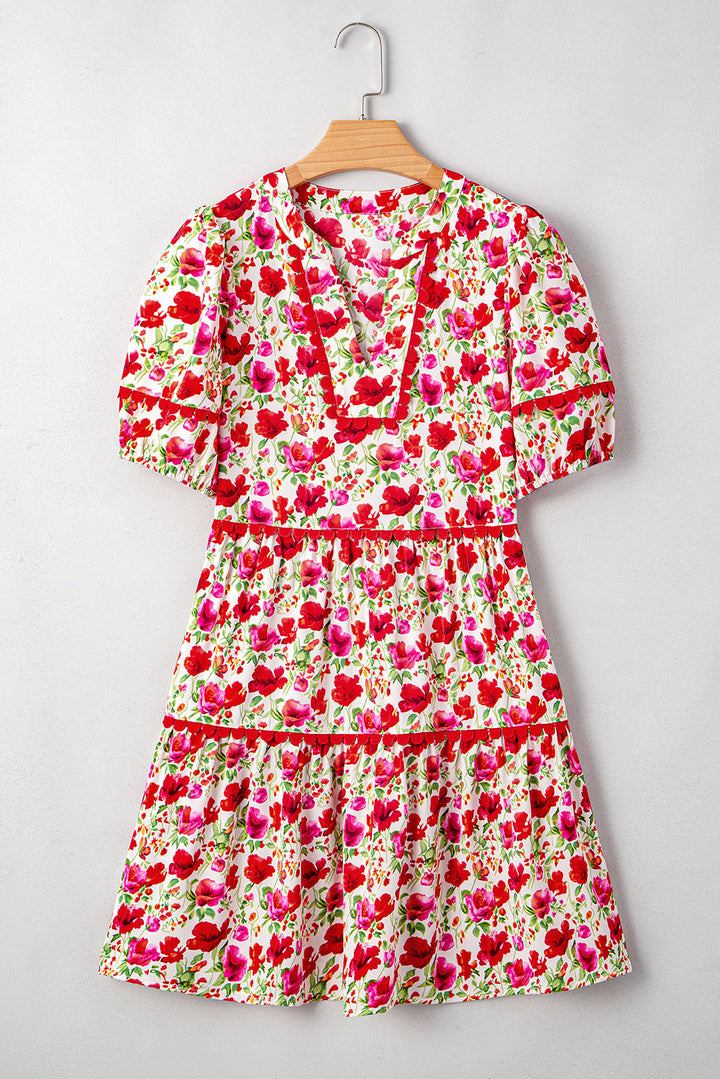 floral puff sleeve tiered ric rac pocketed mini dress
