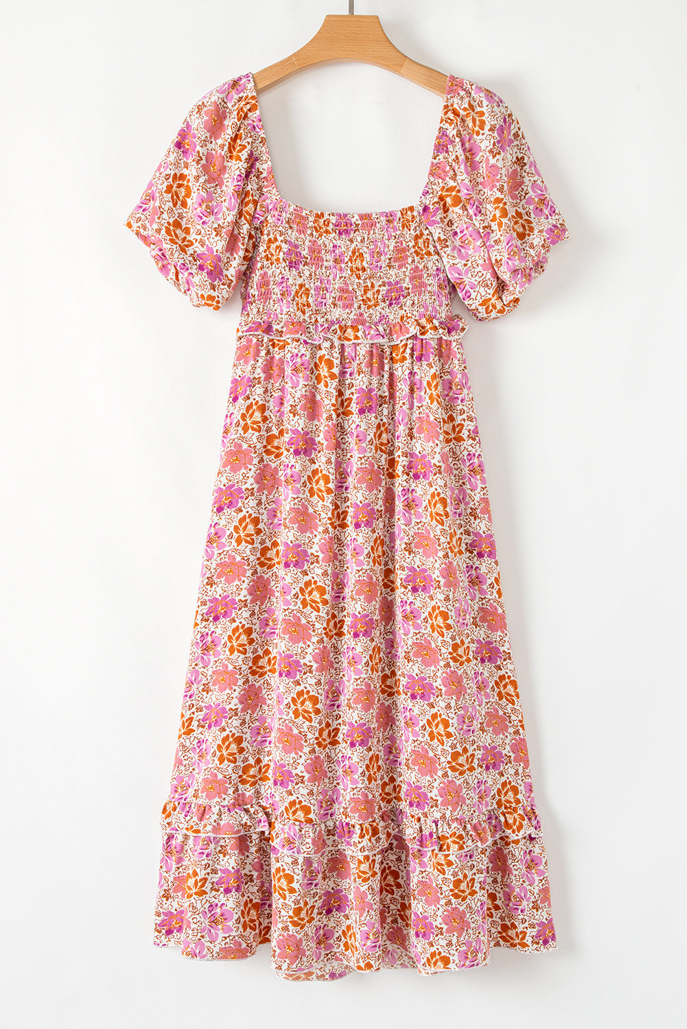 Floral Square Neck Knotted Ruffle Midi Dress