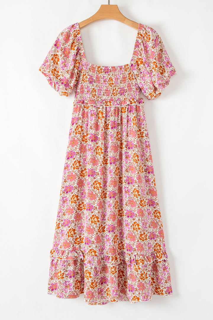 Floral Square Neck Knotted Ruffle Midi Dress