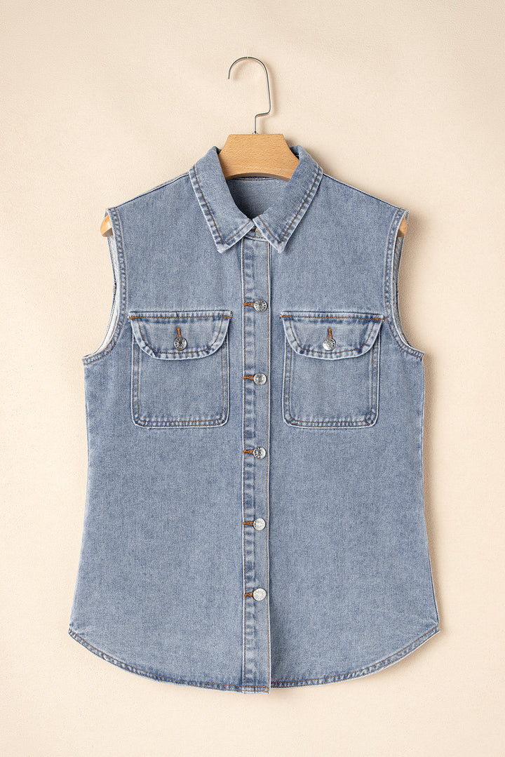 denim flap pocket curved hem shirt vest