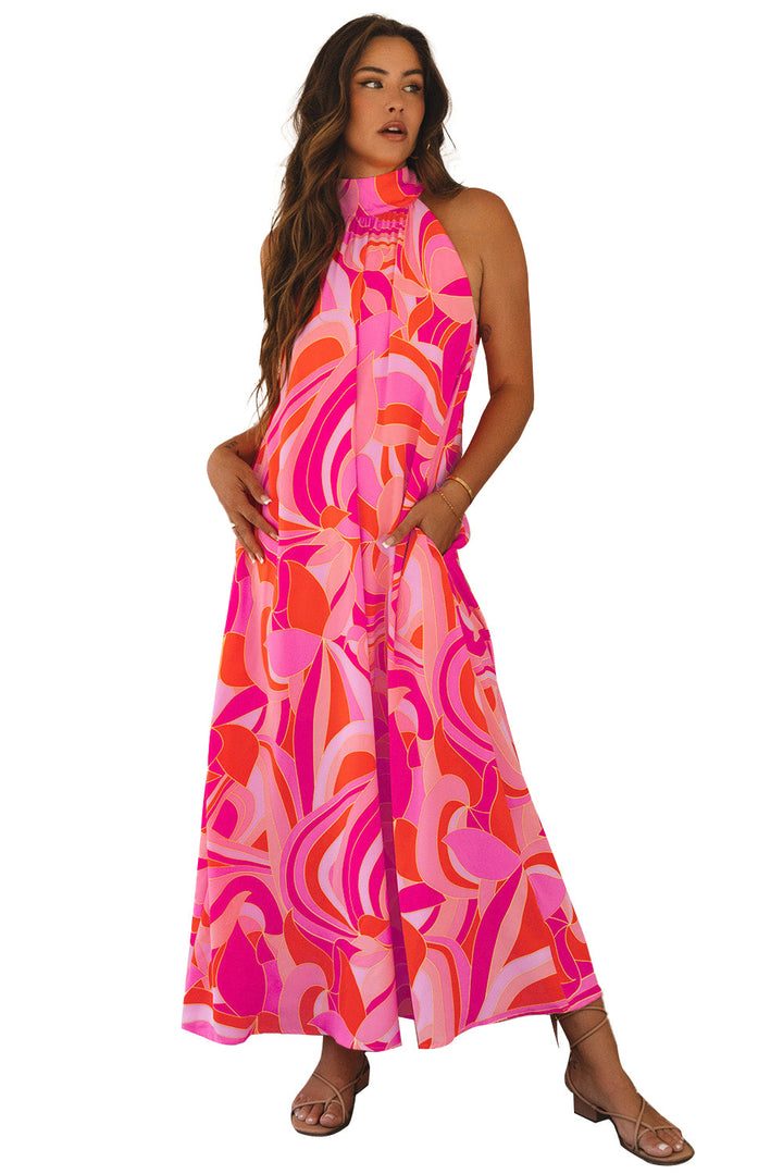 Abstract Printed High Neck Knotted Nape Sleeveless Maxi Dress