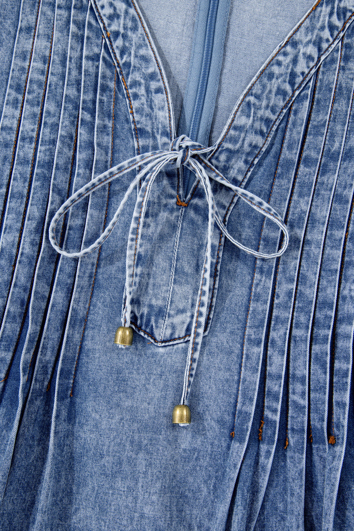 Tie V Neck Tucking Detail Short Sleeve Denim Shift Dress