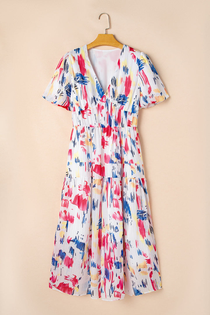 Abstract Print Short Puff Sleeve Tiered Maxi Dress