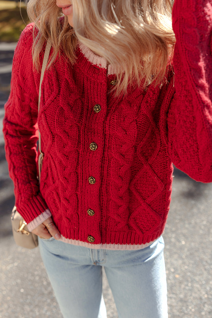 Color Contrast Edge Cable Knit Buttoned Cardigan