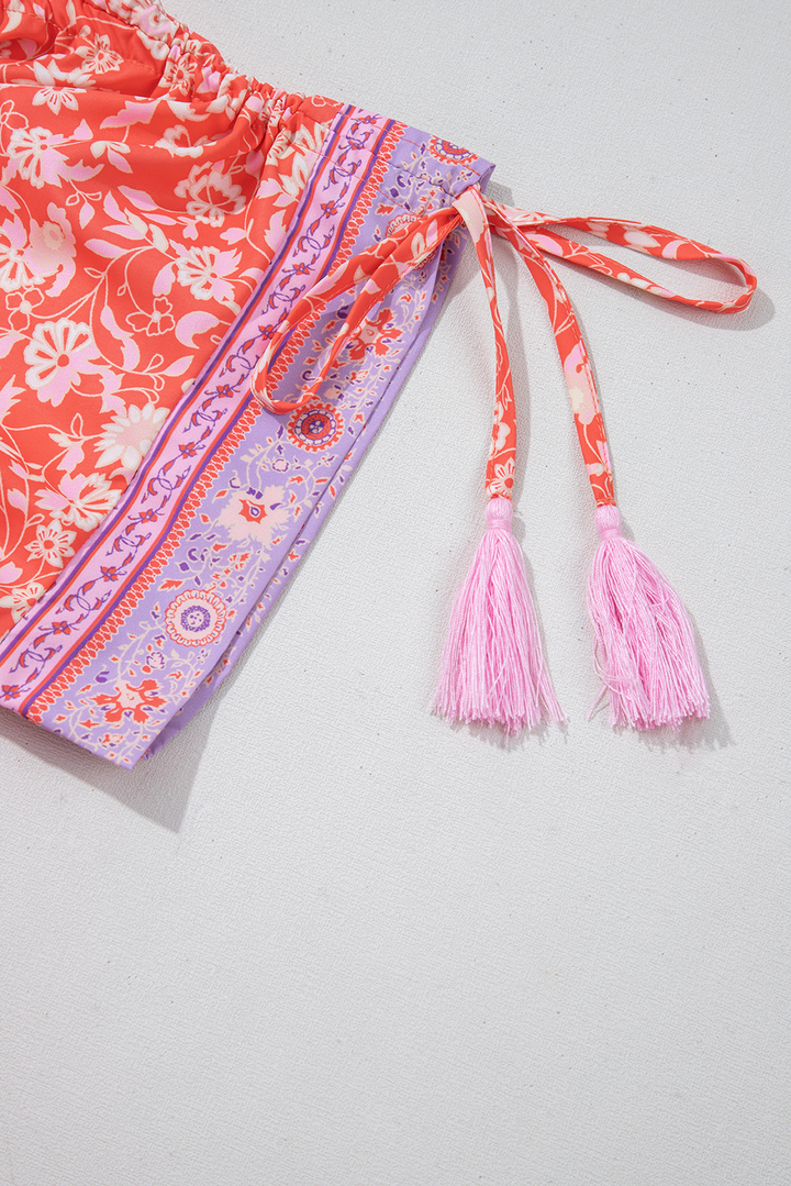 Floral Print Tasseled Tied Sleeve Empire Waist Maxi Dress