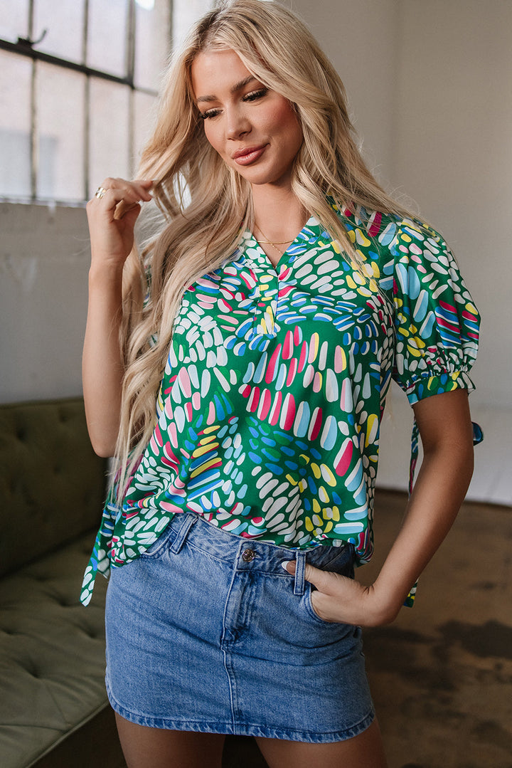 Brushwork Geometric Print Puff Sleeve Notched Neck Blouse