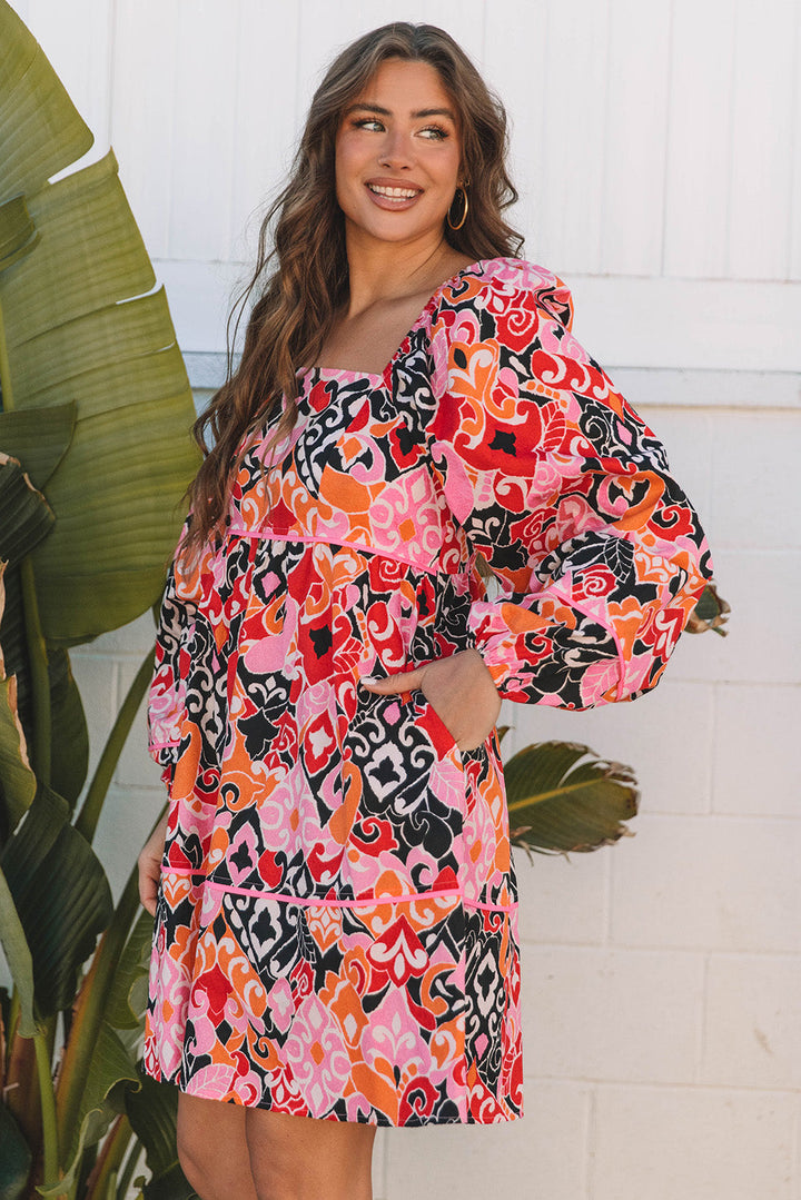 Bohemian Square Neck Puff Sleeve Mini Dress