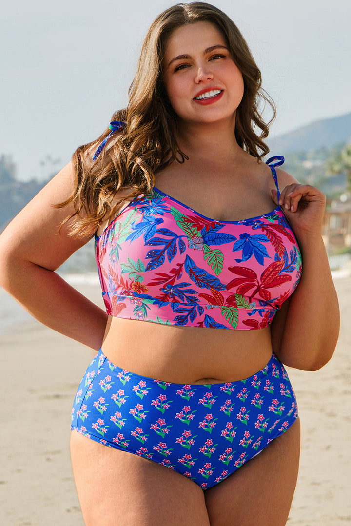 Fashion Print Tied Straps Crop Vest and High Waist Plus Size Bikini