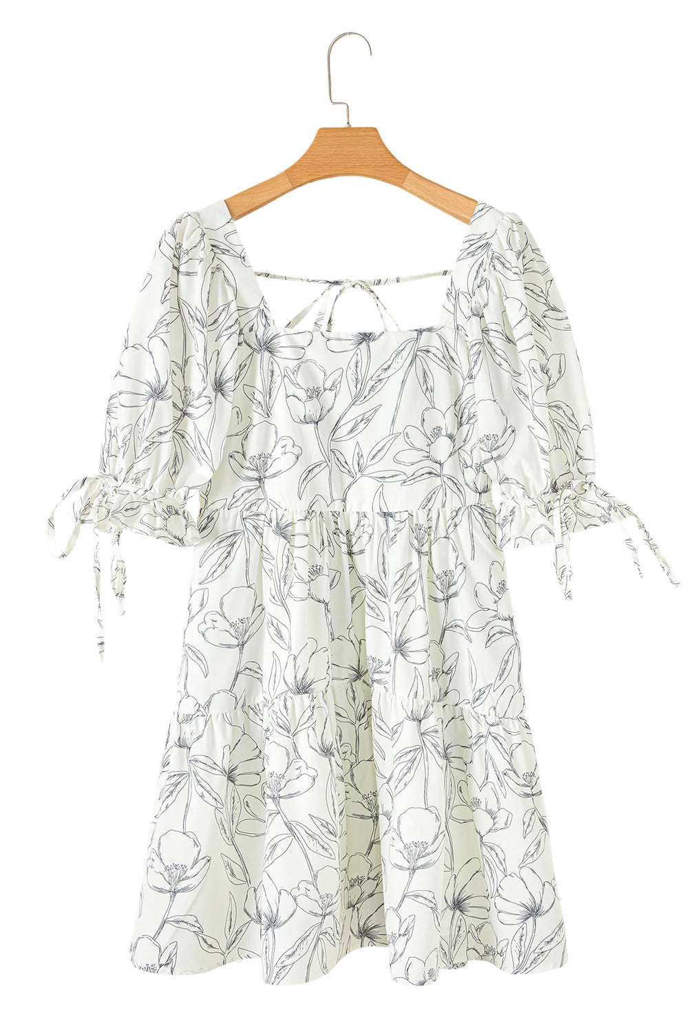 Floral Print Square Neck Shirred Back Puff Sleeve Mini Dress