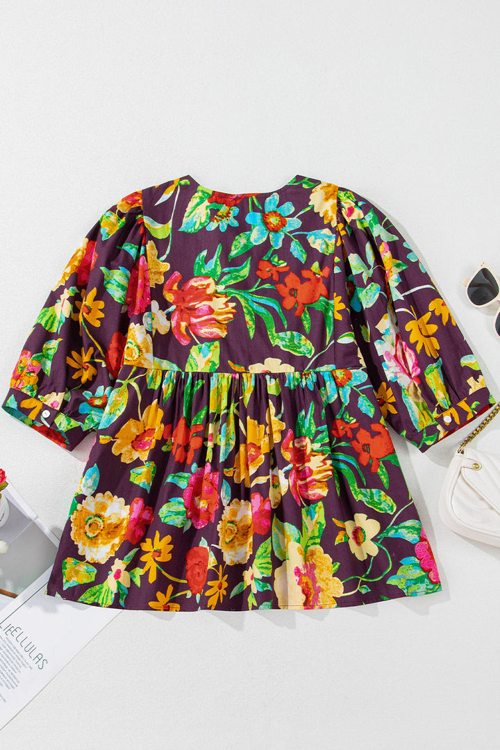 Rose Flower Embroidered Trim Half Sleeve Blouse