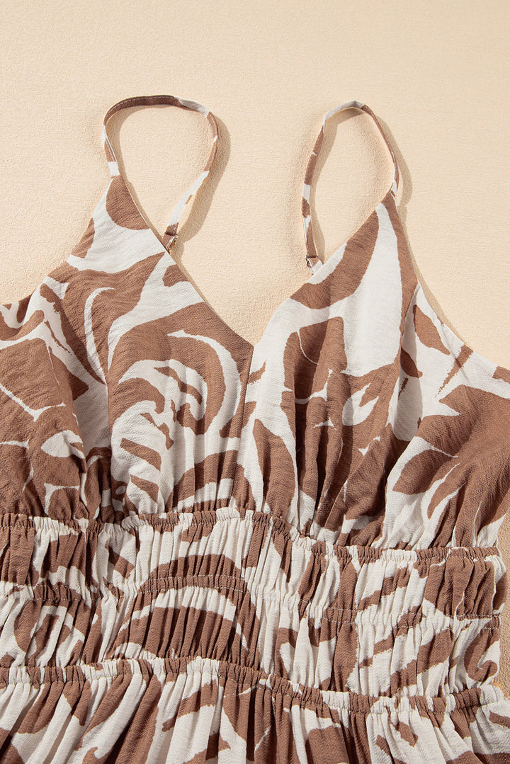 Floral Shirred High Waist Spaghetti Straps Maxi Dress