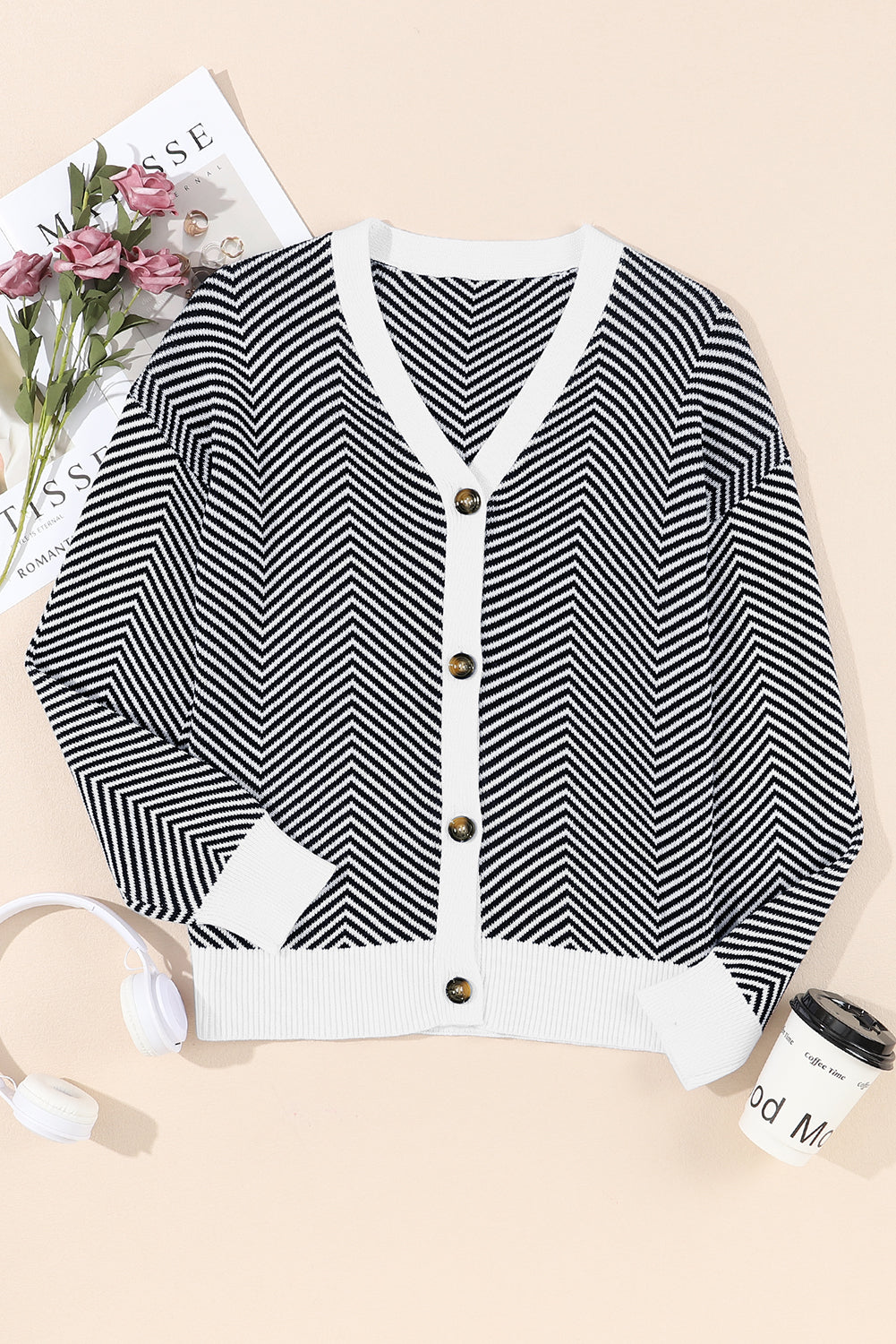 Buttoned Front V Neck Herringbone Cardigan