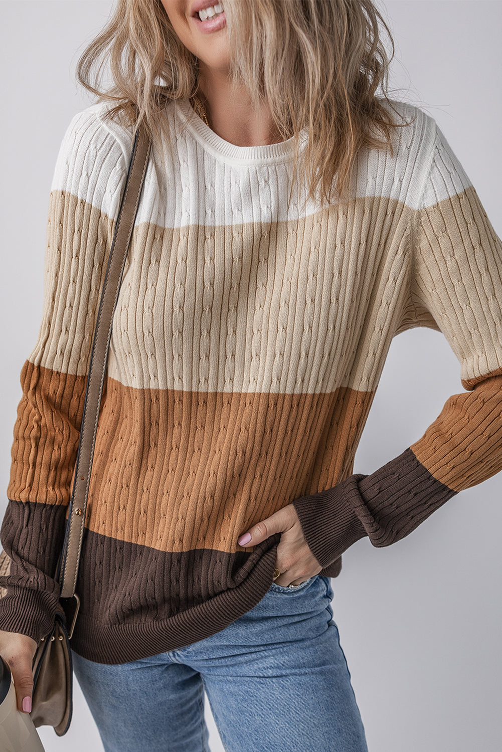 Colorblock Cable Knit Round Neck Sweater