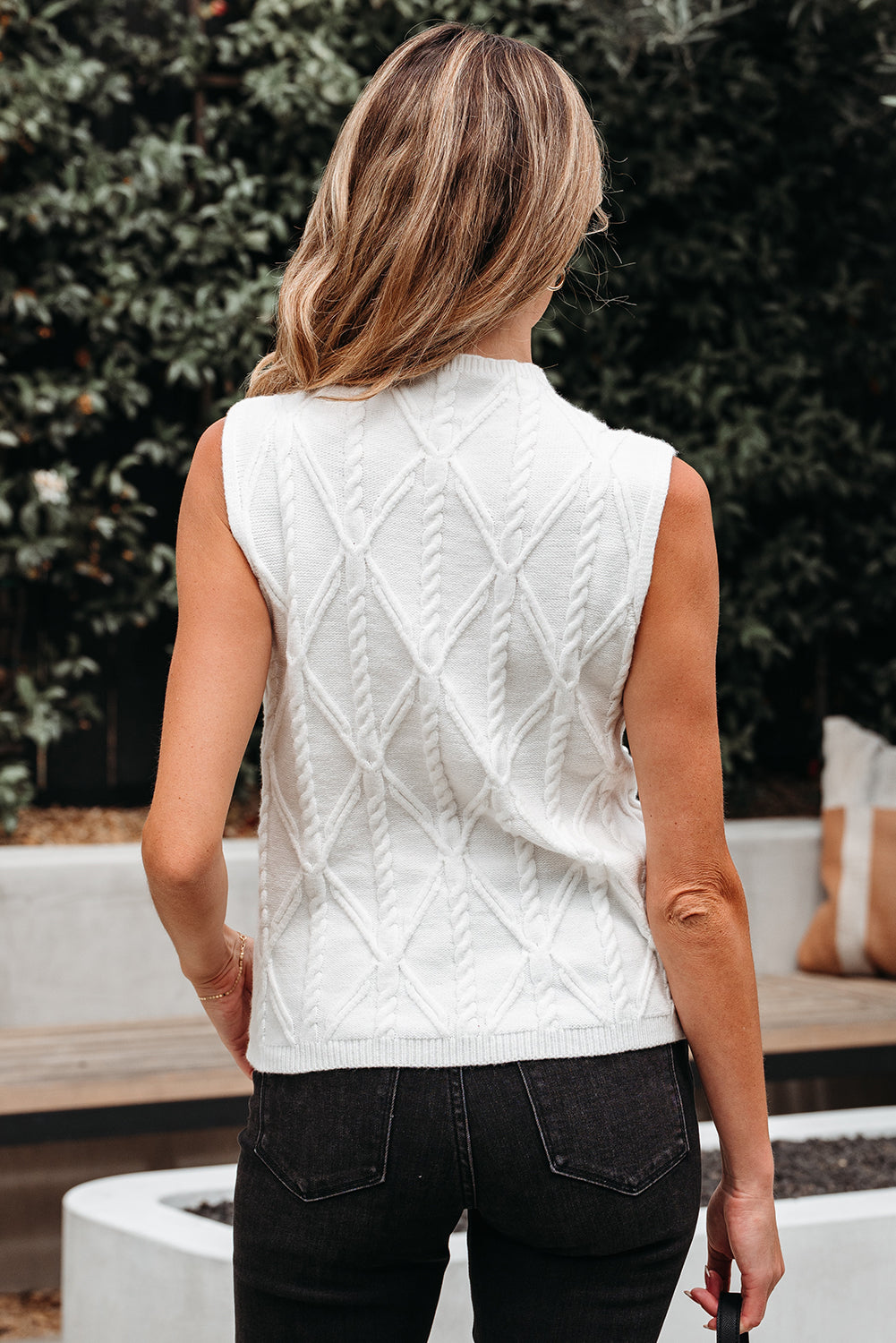 Pearled High Neck Textured Knit Sweater Vest