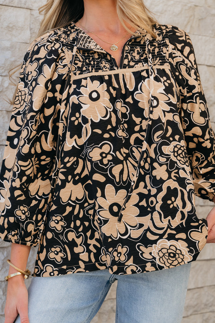 Floral Shirred Yoke Bracelet Sleeve Split Neck Boho Blouse