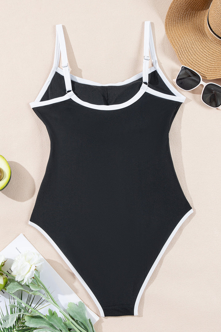 contrast trim two tone belted one piece swimsuit