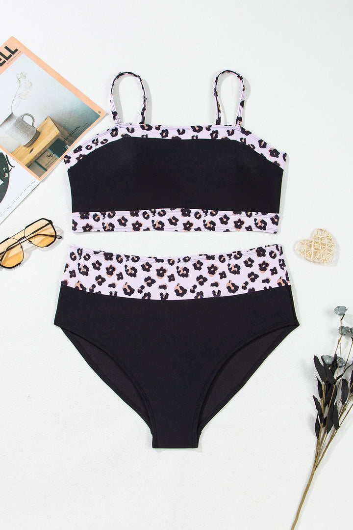 2pcs Leopard Patchwork Plus Size High Waisted Swimsuit