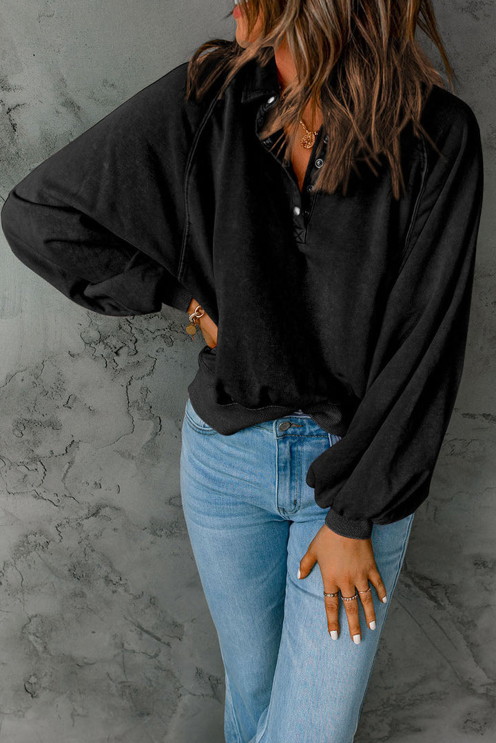 Washed Snap Buttons Lantern Sleeve Pullover Sweatshirt