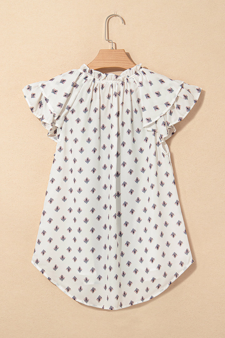 boho pattern tiered ruffled sleeve v neck buttoned blouse