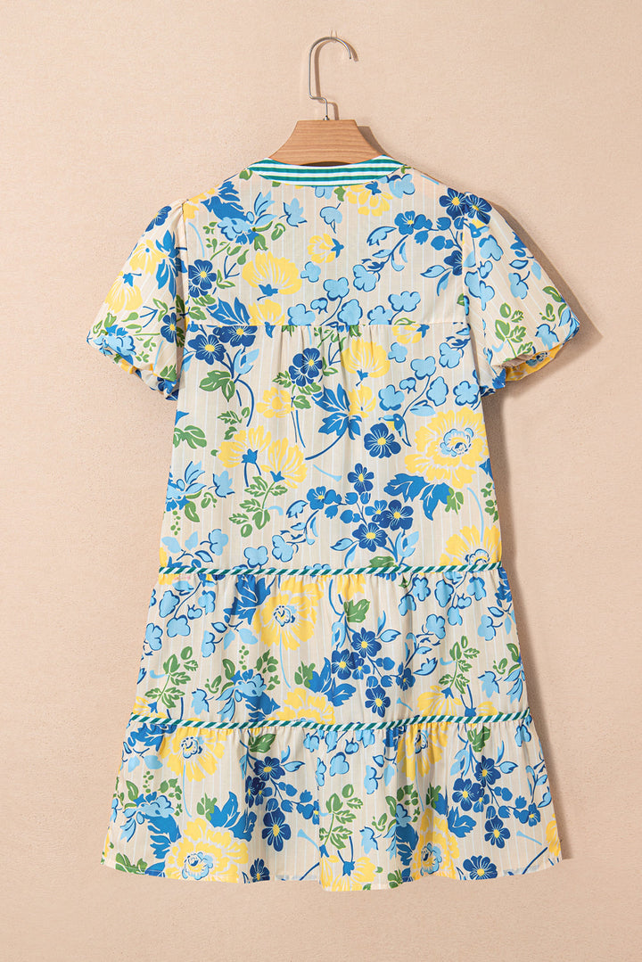 floral striped trim puff short sleeve dress