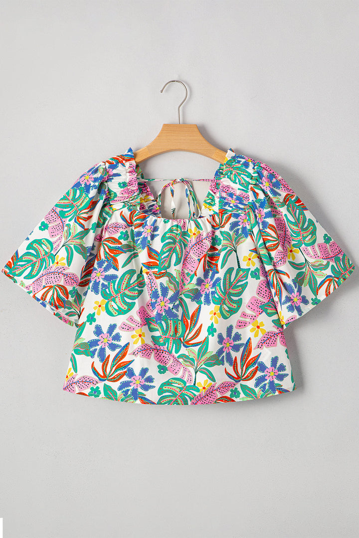 plant print loose fit puff sleeve square neck blouse
