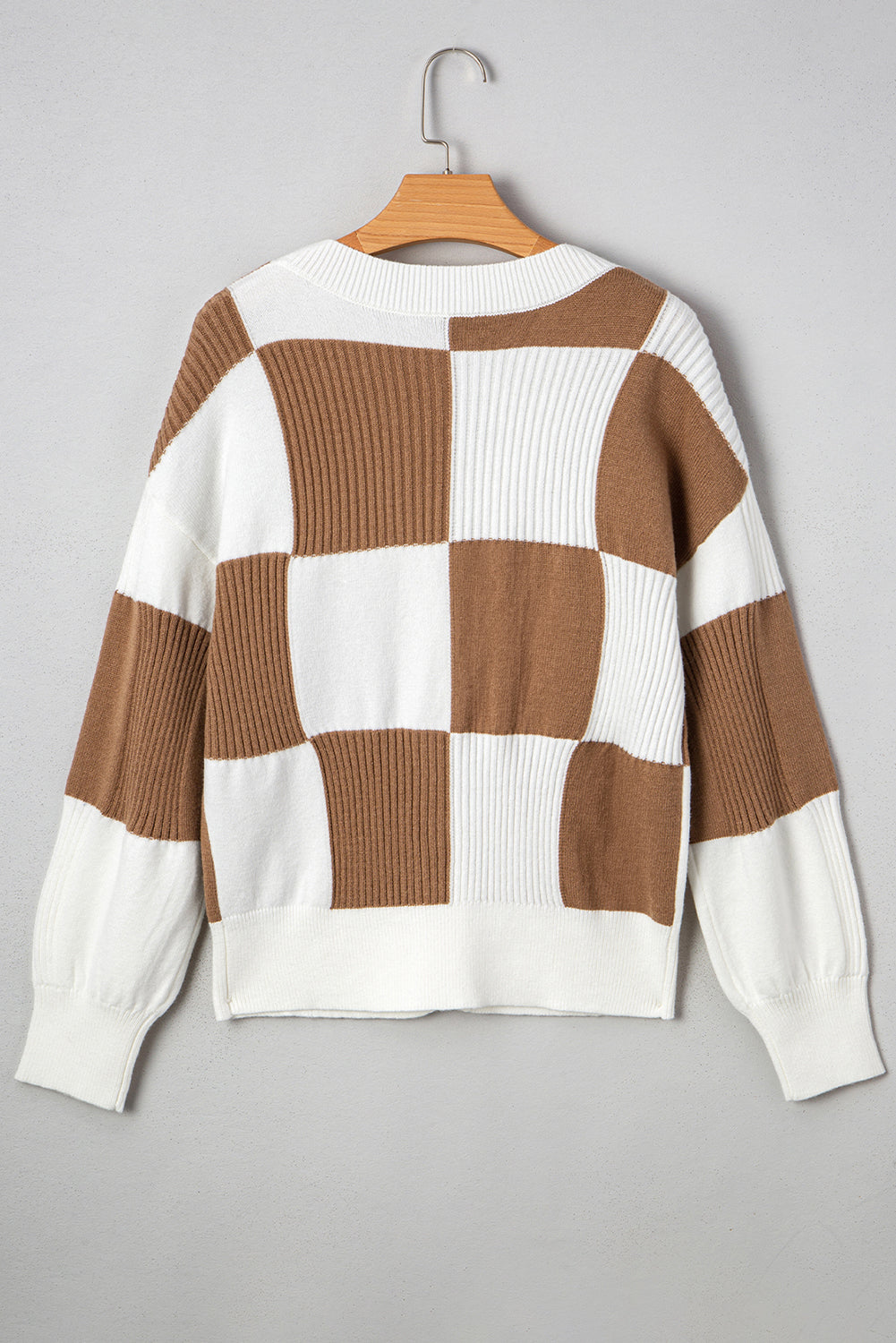 Checkered Pattern Ribbed Detail Button V Neck Sweater Cardigan