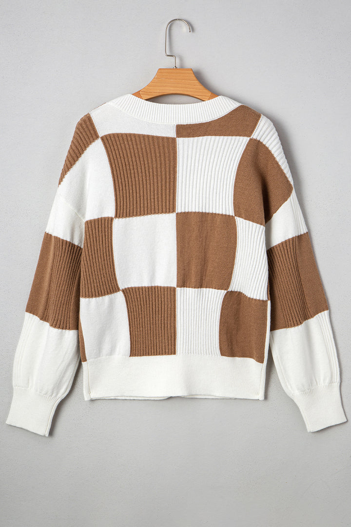 Checkered Pattern Ribbed Detail Button V Neck Sweater Cardigan