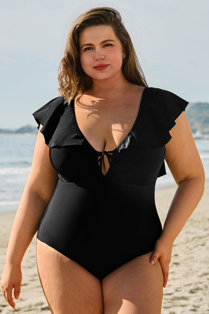 Ruffled Sleeve Lace-up V Neck Plus Size One Piece Swimsuit